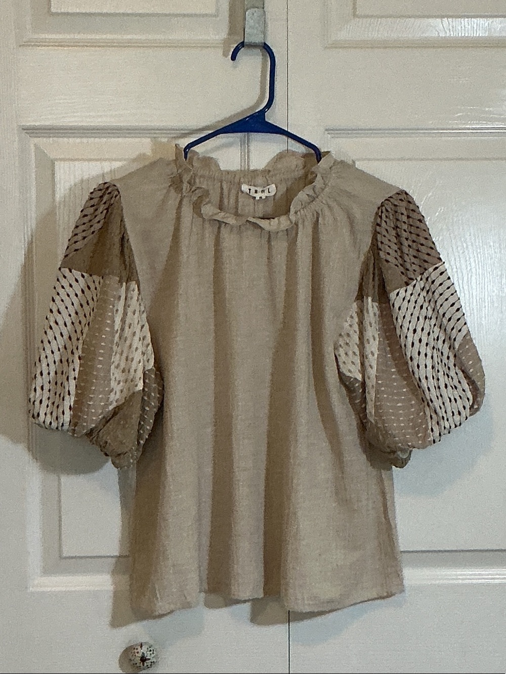 THML Beige Puff-Sleeve Ruffled Neck Blouse